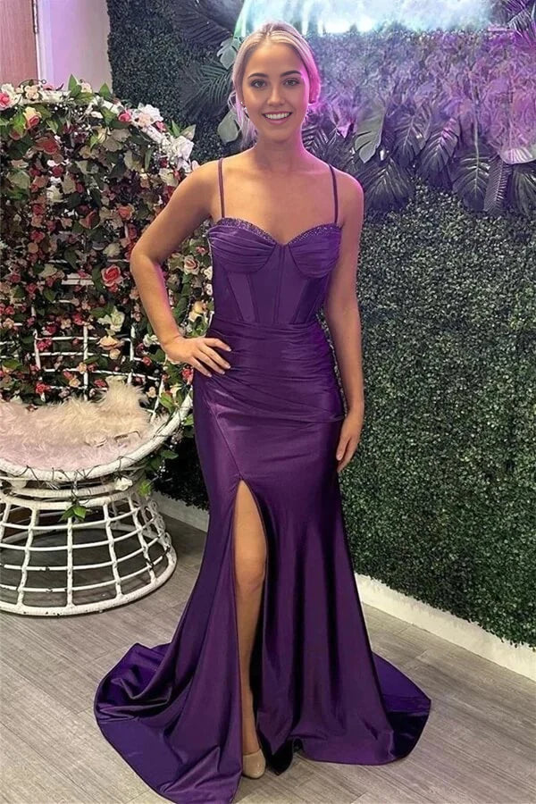Vestidos de fiesta largos de satén con cuentas y tirantes finos de sirena con abertura